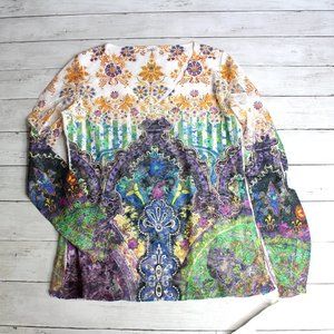 Womens Vintage Mesh Lace Tee Top Blouse Size M V Neck Long Sleeve